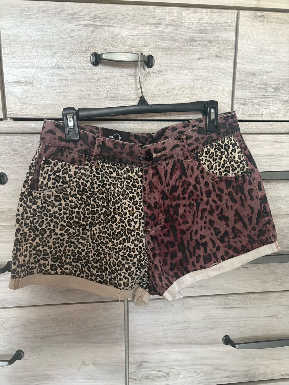 Umgee Denim Animal Print Colorblock Shorts Purple Leopard/Cheetah